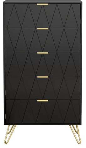 UEV Kommode mit 5 Schublanden, 60 x 34 x 110cm, Aufbewahrungskommode, Modern Schrank, Highboard, Sideboard mit Schubladen, NachtschrankSchmal kommode, Schrank für Wohnzimmer Schlafzimmer,Flur(Schwarz)