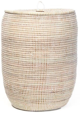 YAADU Wäschekorb mit Deckel 95L – Großer Wäschesammler mit Deckel, Geflochtene Wäschetonne, Boho Wäschekorb mit Henkeln, Wäschebehälter für Schmutzwäsche, Modell Neo (Weiß/Flach)