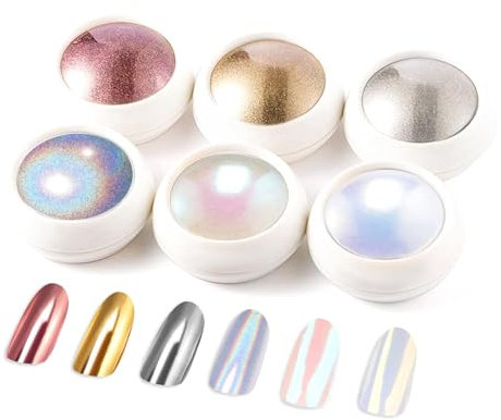 BISHENGYF 6Pcs Chrome Nail Powder: Super Mirror Nail Glitter, Metallic Holo Nail Chrome Powder for Gel Polish Aurora Iridescent Pearlescent Gold Chrome Powder for Nail Art Salon DIY Design Decoration