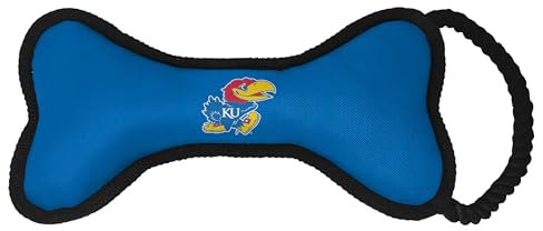 ShopInstaPets Officially Licensed NCAA Bone Shaped Dog Toy with Squeaker & Rope - Durable & Fun for Dogs (Kansas Jayhawks)