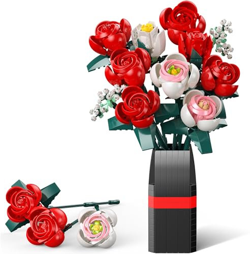 Set da Costruzione Bouquet di Fiori con Vaso, 841 Pezzi, Petali e Foglie Regolabili, Kit di Rose Artificiale per Adulti & Bambini, Regalo per Compleanno, San Valentino & Festa della Mamma