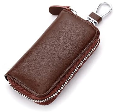 Etui Porte-Clé Cuir, Etuis Porte-Clés de Voiture, Porte Clef Cuir, Portefeuille,Porte-clés avec Crochet en métal Et Fermeture éclair,Pochette Porte Cles Avec 6 crochets (Marron)