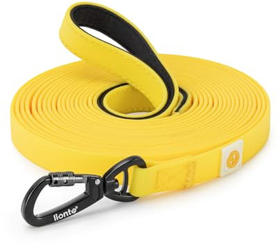 lionto wetterfeste Schleppleine mit 360° Sicherheitskarabiner, 15 m, mit Tasche & gepolsterter Handschlaufe, robuste Hundeleine aus Nylongewebe mit PVC Beschichtung für die Hundeerziehung, gelb