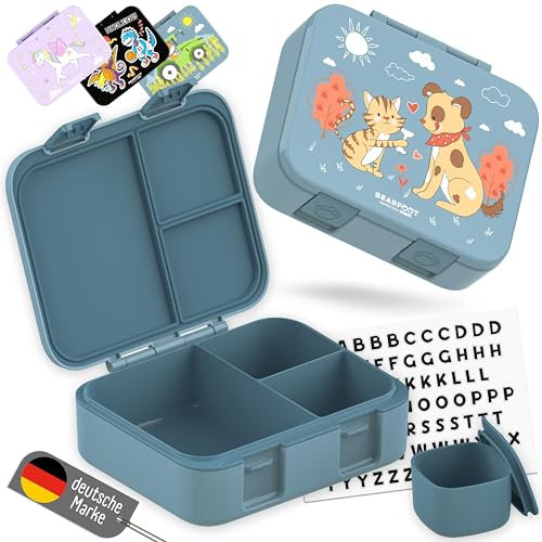 BEARFOOT Bento Box COMPACT | BPA-freie Kinder Brotdose für Schule & Kindergarten | Auslaufsichere Lunchbox für Mädchen & Jungen | Praktisch, leicht & kompakt (Hund&Katze-blau, 1.000ml)