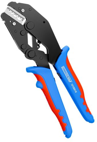 WEICON TOOLS Crimpzange ERGO, ergonomische Presszange mit Wechselmagazin, Aderendhülsenzange, Ratschen-Automatik, blau/rot