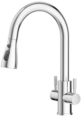 Hurran Monobloc Dual Lever 360°Swivel Kitchen Sink Mixer Tap with Pull Down Sprayer and Chrome UK Standard 1 Hole Deck Mount Design