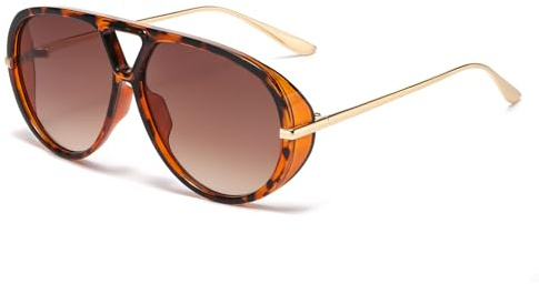 LJCZKA Übergroße Pilot Sonnenbrille für Damen Herren 70er Retro Piloten Sonnenbrille Doppel Brücke Metall Rahmen Runde Groß Brille Mode mit UV Schutz