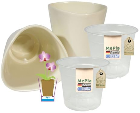 MePla - 2 Stück - Orchideenübertopf Dreieck ø 14 Creme Pflanztopf Orchidee ø 12, hochwertiges Wohnambiente