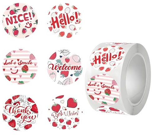 500 Stück Runde Sticker Kinder,Erdbeeren Aufkleber,Stickers zum Beschriften,Selbstklebende Sticker,Stickerrolle für DIY Backen,Gepäck,Scrapbook,Laptop,Trinkflasche,Partei Papiertüten Dekoration