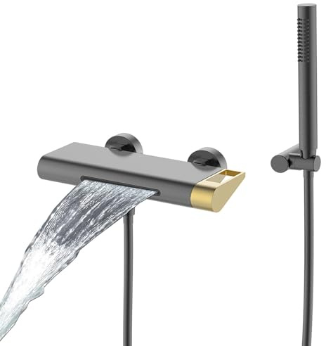 RONMX Rubinetti Vasca con Cascata, RTF0718 Moderno Rubinetto Doccia da Muro, Uscita Acqua Larga 140 mm, Angolo Regolabile, Miscelatore per Vasca con Doccetta, Rubinetto da Parete, 59A Ottone