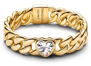 PANDORA Timeless Herz Cuban-Kette Ring mit 14K vergoldeter Metalllegierung und Zirkonia, Größe: 54, 164386C01-54
