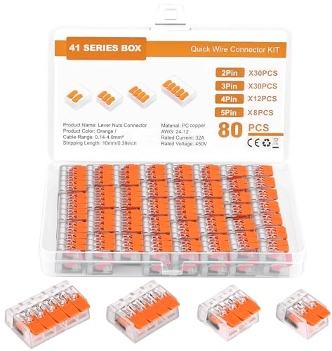 Kabelverbinder 80Stück, 2-5 Polig Kabelklemmen Elektro Verbindungsklemmen | Hebel-Kabelklemmen, Lüsterklemmen Steckbar 0.14-4mm² Leiter Klemme für Feste Flexible Kabel, Flammhemmendem PC
