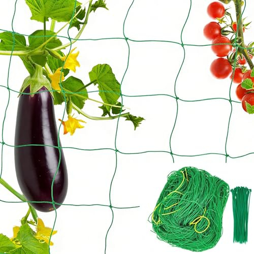Y-Nut 1.8×5 m Trellis Netting for Plants, Climbing Plant Support Netting with 50 PCS Green Cable Ties, Heavy Duty, Garden Net Mesh Kit for Cucumber Vine Tomatoes, Bean and Pea Netting