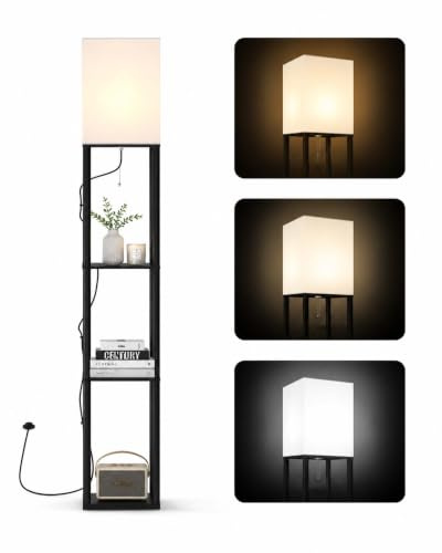 Amveya Stehlampe mit Regal, LED Stehlampe Wohnzimmer mit 3 Farbtemperaturen, Standleuchte mit Ablage und Lampenschirm, Schwarzes Regal mit 3 Holzregale für Wohnzimmer Schlafzimmer Büro Flur