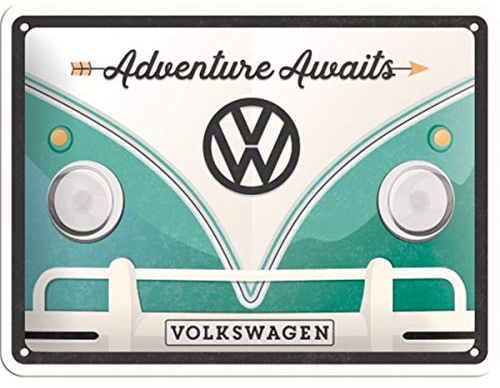 Nostalgic-Art Retro Blechschild, 15 x 20 cm, VW Bulli – Adventure Awaits – Volkswagen Bus Geschenk-Idee, Original Lizenzprodukt (OLP), aus Metall, Vintage Design, Blechschilder Sprüche
