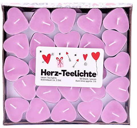 pajoma Teelichte Love im 50er Pack, Brenndauer 3 Stunden, in Herzform (Rosa)