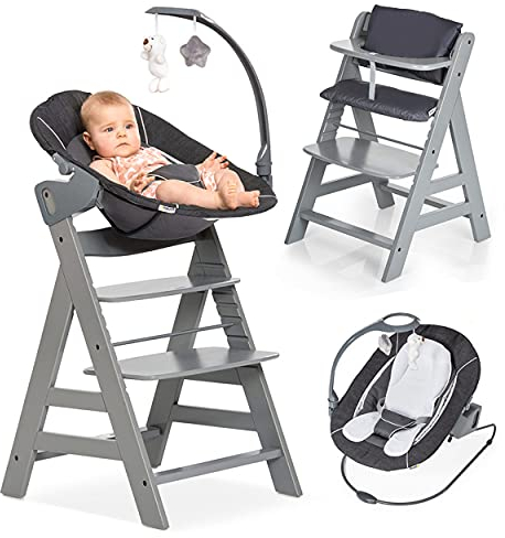 hauck Alpha+ Newborn Set Deluxe - Baby Holz Hochstuhl ab Geburt mit Liegefunktion - inkl. Aufsatz für Neugeborene & Sitzpolster - mitwachsend, verstellbar - Grau