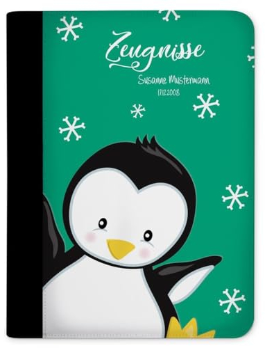 CreaDesign Customize A4 Zeugnismappe für Kinder - 26.7 x 32.7 x 1 cm, erweiterbar auf bis zu 20 Fächer, Sichtbuch ohne Klarsichthüllen, Pinguin Petrol Design, Dokumentenmappe für Schüler