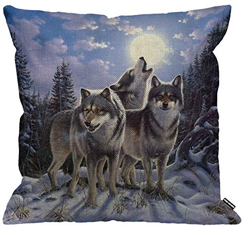 HGOD DESIGNS Kissenbezug, Motiv: Wilder Wolf im Winterwald mit Vollmond, dekorativer Kissenbezug für Herren/Frauen, Wohnzimmer, Schlafzimmer, Sofa, Stuhl, 45 x 45 cm