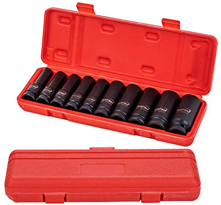 KATSU 1/2 llaves de Vaso Impacto 10 Piezas, 10mm a 24mm Juego de Llaves de Vaso de Impacto Profundo, Llave Métrica Resistente, Herramienta de Reparación Motores Camiones Tractores 420440