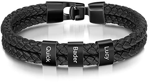Lovejewellery Personalisierte Armband mit 2~5 Name Perlen Herren Lederarmband Personalisiert Männer Braid Armband mit Namen Graviert Edelstahl Geschenk für Männer Vatertag (3 Name)