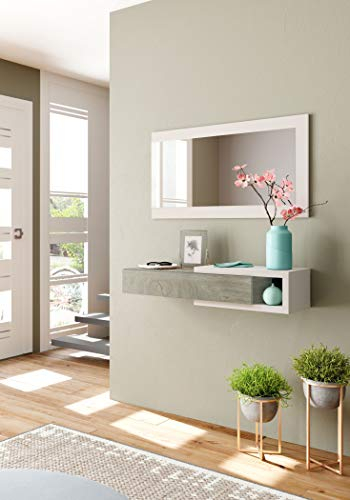Dmora - Mobile da ingresso Mcallen, Entratina reversibile con specchio, Mobile per atrio con cassetto, Svuotatasche per appartamenti, 95x26h69 cm, Bianco e Rovere