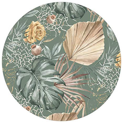 Runde Tapete selbstklebend Große Blätter mit Rosen vor Grün 150x150cm