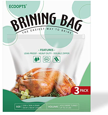 ECOOPTS Truthahn-Briningbeutel, 66 x 55 cm, extra großer Salzbeutel, verdickter Brinbeutel, hält bis zu 15,9 kg, Doppelreißverschlüsse versiegeln, BPA-frei, 66 x 56 cm, 3 Stück