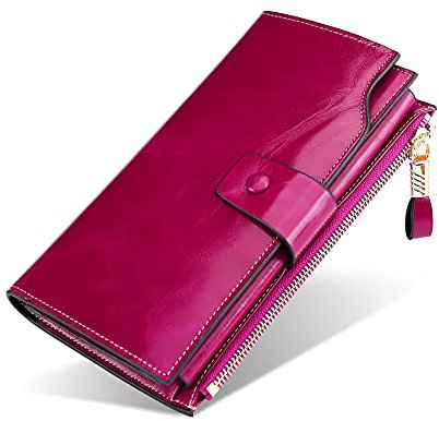FORRICA Damen Geldbörse Lange Echte Leder Brieftaschen Groß Geldbeutel RFID Schutz Reißverschluss Portemonnaie Frauen Rindsleder Clutch Geldbörse mit Handyfach Lila