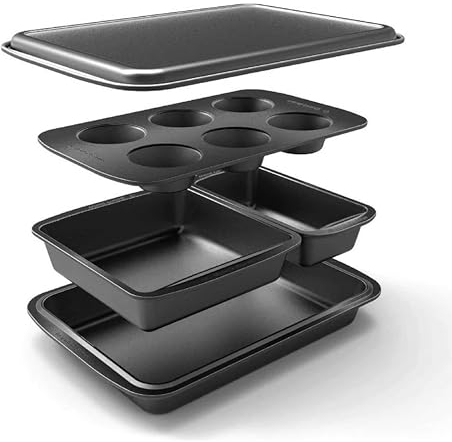 Baker's Secret Bakeware Sets Stackable Baking Set of 5 Bakeware Pans, Bakeware Set, Baking Pan Set, Muffin Pan, Roaster Pan, Square Pan, Cookie Sheet, Loaf Pan, Dishwasher Safe, PFOA PFOS PTFE Free