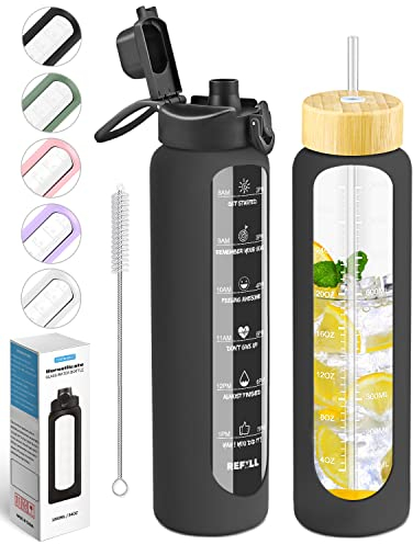 Nefeeko Glaswasserflaschen mit Strohhalm, Zeitmarkierung, motivierend, BPA-frei, auslaufsicher, wiederverwendbar, mit Silikonhülle, Bambus, Auslaufdeckel, 907 ml