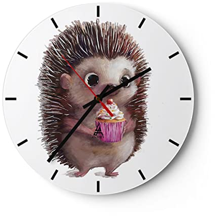 Modern Wanduhr Igel Cupcake Kinder 30x30cm Rund Klein Wand Uhr Glas Analog Zimmeruhren Küche Büro Wohnzimmer Glasuhr Wall Clock Dekoration Design Wanddekoration Küchenuhr C3AR30x30-4769