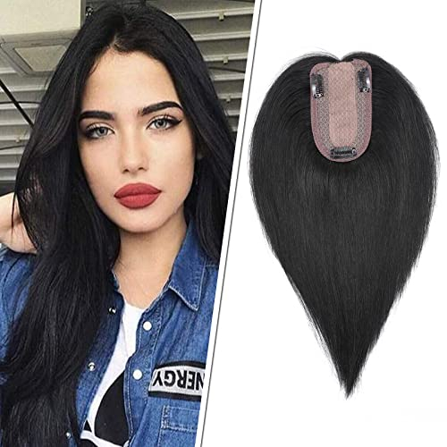 Silk-co Topper Extensions Echthaar Clip in Extensions Echthaar Toupet für Frauen Toupee Haarverlängerung 130% Dichte Hair Extensions 45cm-53g 01# Rabenschwarz