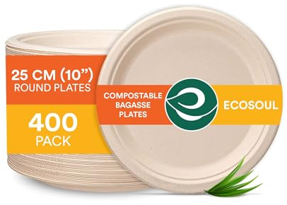 ECO SOUL 100% Kompostierbare 25 cm Pappteller – 400 Stück | Biologisch abbaubare Bagasse Teller | Umweltfreundlich, Stabil & Schwer belastbar | Mikrowellen- & Ofenfest