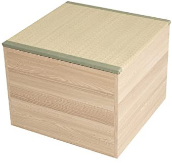 EMOOR Natürliche Tatami-Aufbewahrungsbox Quadratisch 60 x 60 cm (Eiche), Holzmöbel Binsengras Japanischer Lifestyle Igusa-Lamellen