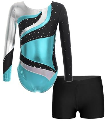 JanJean Kinder Mädchen Gymnastikanzug Glänzend Ballettanzug Langarm Turnanzug Ballett Trikot mit Kurze Hose Wettbewerb Tanzkostüm See Blau 110-116