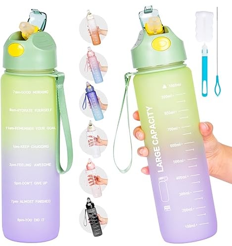 Water Bottle 1L, Sports Water Bottle with Straw & Time Maker, Drinks Bottle with Bottle Brush and Filter, Leak-proof, BPA-free Plastic Drink Bottle for Running Gym Cycling Office and School (Green)