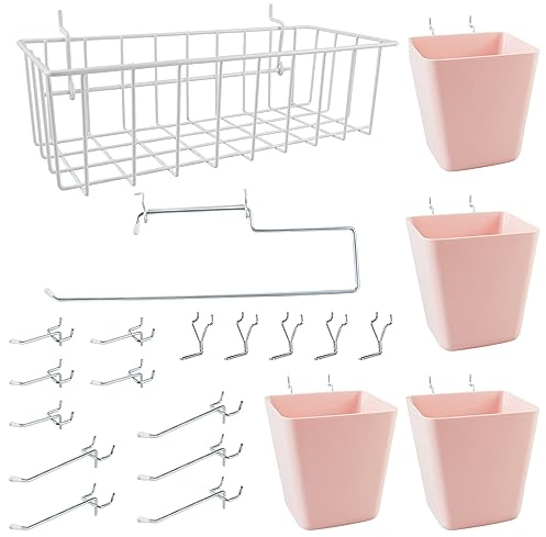 Pegboard Baskets Cups, Paper Towel Holder, Peg Board Hooks, Tray Rack 21 Pack 1/8 & 1/4 Pegboard Wall Organizer Accessories, Utility Holders & Hangers for Workbench Craft Workshop Kitchen Paint