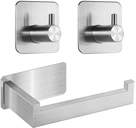 Toilet Paper Holder No Drilling Required,Selbstklebend Klopapierhalter WC Papierhalter Edelstahl Toilettenpapierrollenhalter mit 2 Stück Handtuchhaken für Küche und Badzimmer (Silber)