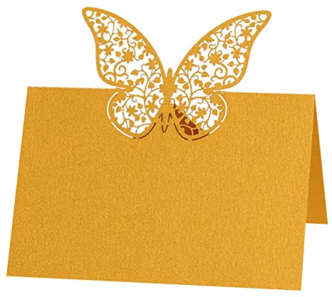Uposao 50 Stück Tischkarten Hochzeit, Hohle Schmetterling Platzkarten Grußkarten zum Beschriften Namenskarten Namenschilder Sitzplatzkarten Blanko für Hochzeit,Geburtstag, Kommunion, Taufe,Gold