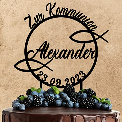 Wunschtext Cake Topper aus Acryl zur Kommunion | personalisiert mit Namen und Datum | Kuchendeko Tortenstecker | schwarz | Kuchendekoration und Tortenschmuck 100% Made in Germany