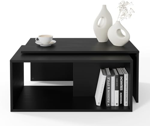 PLATAN ROOM Couchtisch Kaffeetisch 2er Set 90x48x40 cm, moderner Wohnzimmertisch, Sofatisch mit Stauraum, Satztisch (Schwarz)