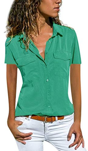 OUMSHBI Bluse Damen Kurzarm Einfarbig Revers Collar Oberteile Blusen Blusenshirt Damen mit Zwei Brusttaschen Atmungsaktiv LäSsige Tunika Hemdbluse mit Knopfleiste Trendy Unifarben Sommerbluse