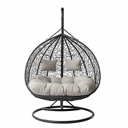 Mirjan24 Hängesessel Torn mit Polster und Kissen, 2-Sitzer Polyrattan Hängesessel mit Gestell, Outdoor Hängestuhl für Zwei Personen, Hängekorb, Zweisitzer (Grau/Grau)