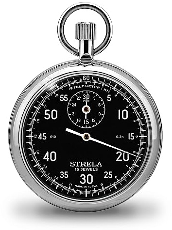 STRELA Stoppuhr ST50SW Zifferblatt schwarz Analoger mechanischer Kronenstopper mit Handazufzug Uhr mit 1 Krone und Telemter Skala