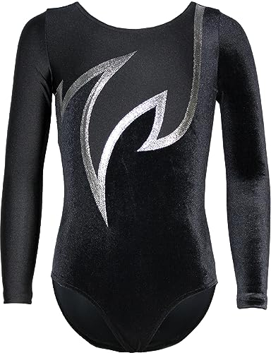 Turnanzug Java Spezial Samt - Stretch-Material langarm Gymnastikanzug Turnbody langärmlich, Größe:146/152, Farbe:Samt Schwarz - Silber