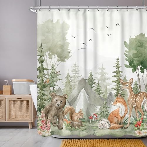 Newsely Rideau de douche rustique pour enfants - Motif animaux de la forêt - 152,4 x 183 cm - Motif animaux sauvages mignons - Safari, ours, cerf, plante - Étanche - Accessoires de décoration