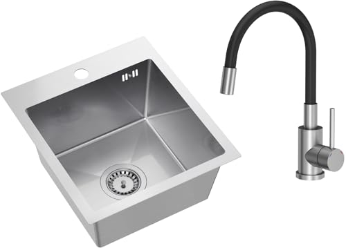 VBChome Edelstahlspüle mit Armatur 40 x 45 cm Gebürsteter Edelstahl Einbauspüle mit Hahnloch Edelstahl Küchenspüle Spüle Groß Becken Ablaufgarnitur Siphon Edelstahlspüle Armatur mit flexiblem Auslauf