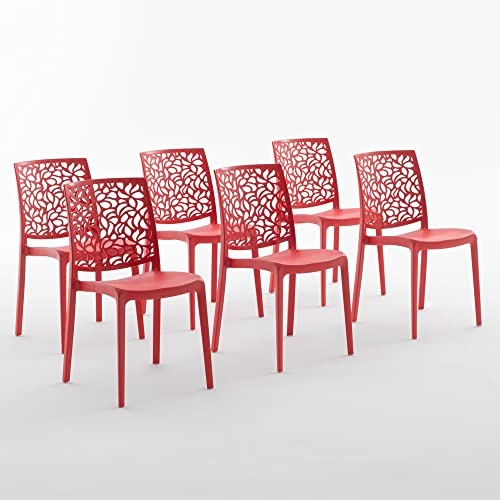 RATTATAN Anna - Stühle aus glasfaserverstärktem Harz, stapelbar, für den Innen- und Außenbereich geeignet, mit einem von Blättern inspirierten Rückendesign (6, Rot)