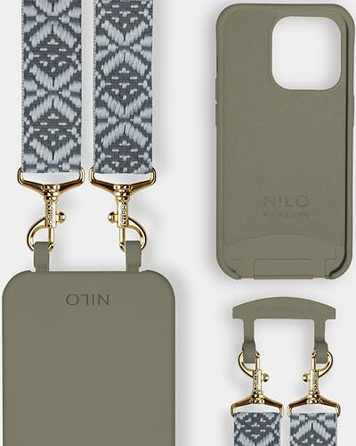NILO® Set | Handyhülle mit Band, Handyband Dark Mattatang mit oliver Handyhülle für IPhone 13 Pro Max | hochwertige Handykette, verstellbar, mit Karabiner Gold